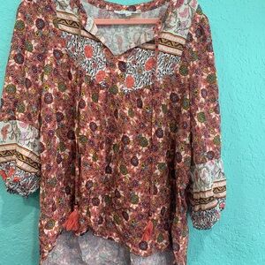Floral Bohemian Women's Top L floral mixed media 70s Jane + Delancey